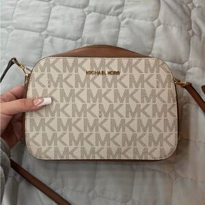 Michael Kors Signature MK Monogram Crossbody in Cream and Brown